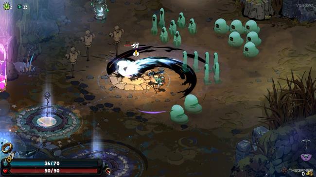 Melinoe attacks Schelemeus with the Moo<em></em>nstone Axe by charging her Omega Attack and spinning in Hades 2.