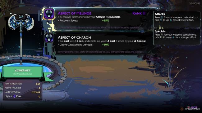 Player inspects the two potential aspects of the Moo<em></em>nstone Axe as well as its victory statistics in Hades 2.
