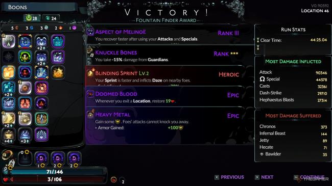 Player looks at all boons used with the Aspect of Melinoe Moo<em></em>nstone Axe after defeating Chro<em></em>nos in Hades 2.