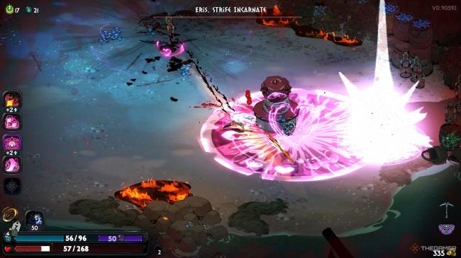 Melinoe uses the Moo<em></em>nstone Axe and casts her Omega Special infused with Aphrodite's power in the wrong direction when facing Eris in Hades 2.