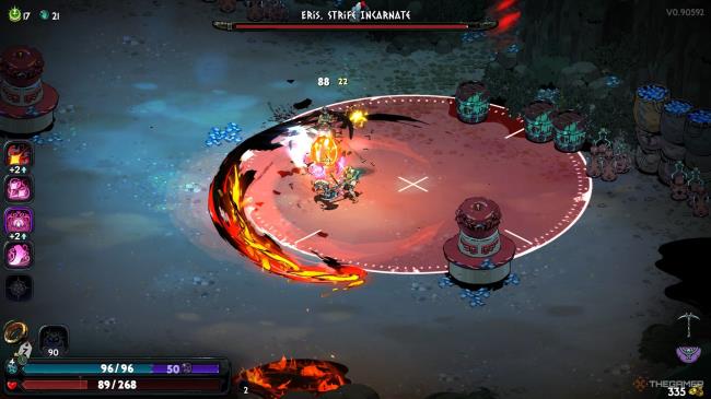 Melinoe fights Eres with Hestia-infused, flaming Moo<em></em>nstone Axe as a rocket falls overhead in Hades 2.