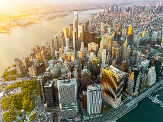 Manhattan Skyline aerial view evening sunset time, New York, USA. Beautiful view of Nw York skyline
