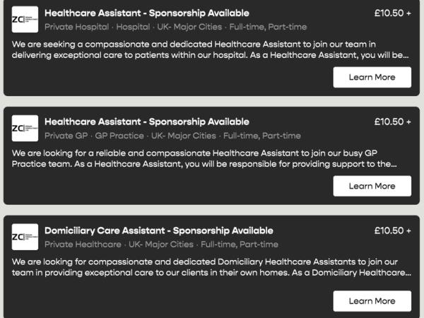Still from report by Becky Johnson, Communities correspondent, and Nick Stylianou, Communities producer, a<em></em>bout a scam targeting migrants who want to move to the UK to work in social care. Image shows screenshot of alleged scam job adverts