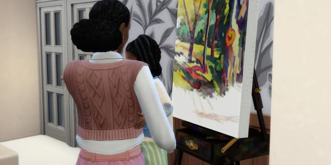 A Sim from The Sims 4 holding a toddler and looking at an unfinished painting