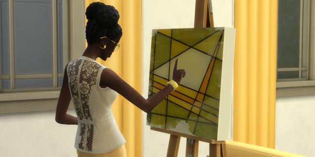 A Sim from the Sims 4 creating a special grilled cheese themed painting