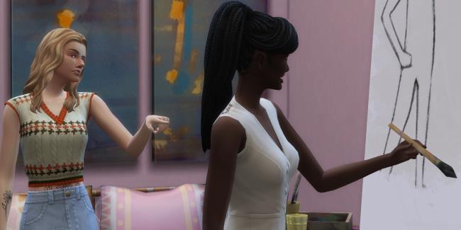 Two Sims from The Sims 4 in a room. One is painting a picture, while the other dirercts them