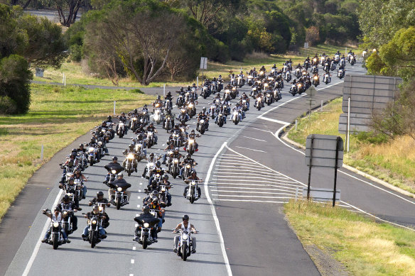 Finks members ride along the Hume Freeway in 2013. 