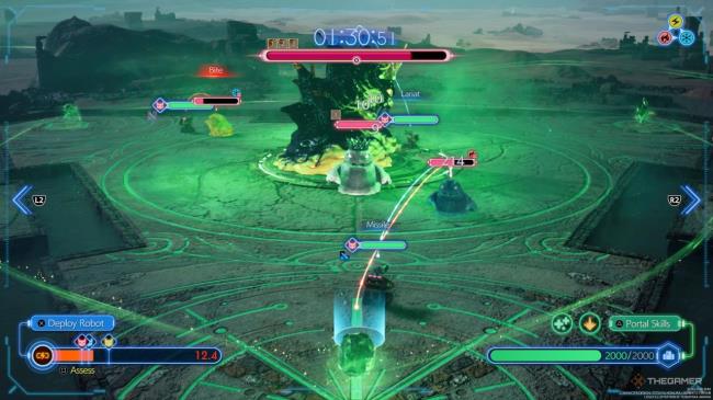 Robots attacking several enemies spread across multiple lanes in Gears and Gambits in Final Fantasy 7 Rebirth