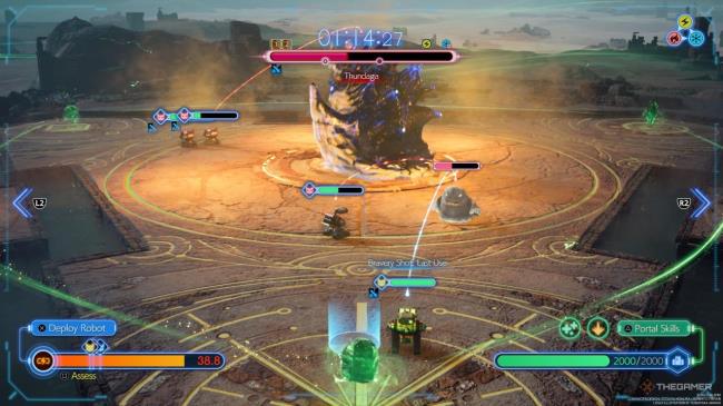 Robots dealing with enemies while robots in other lanes attack the boss in Gears and Gambits in Final Fantasy 7 Rebirth