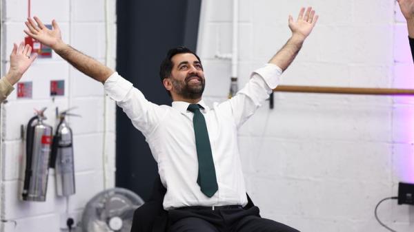 First Minister of Scotland, Humza Yousaf, takes part in a dance performance during a visit to the Edinburgh Community Performing Arts re-co<em></em>nnect project, at the DN Studios in Edinburgh, which delivers free weekly creative movement and dance classes for older people, particularly those with Dementia, Parkinson's and/or restricted movement, funded through the Communities Mental Health and Wellbeing Fund for Adults. Picture date: Mo<em></em>nday March 25, 2024.