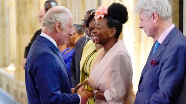 King Charles III speaks with Baro<em></em>ness Dame Floella Benjamin, following a service at St George's Chapel, Windsor Castle in Berkshire for young people, to recognise and celebrate the Windrush 75th Anniversary. Picture date: Thursday June 22, 2023. PA Photo. See PA story ANNIVERSARY Windrush. Photo credit should read: Andrew Matthews/PA Wire