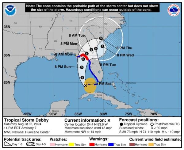 Tropical storm Debby: Map of southeastern US showing a cone in white spiraling o<em></em>nto northern Florida and across to southeastern South Carolina.