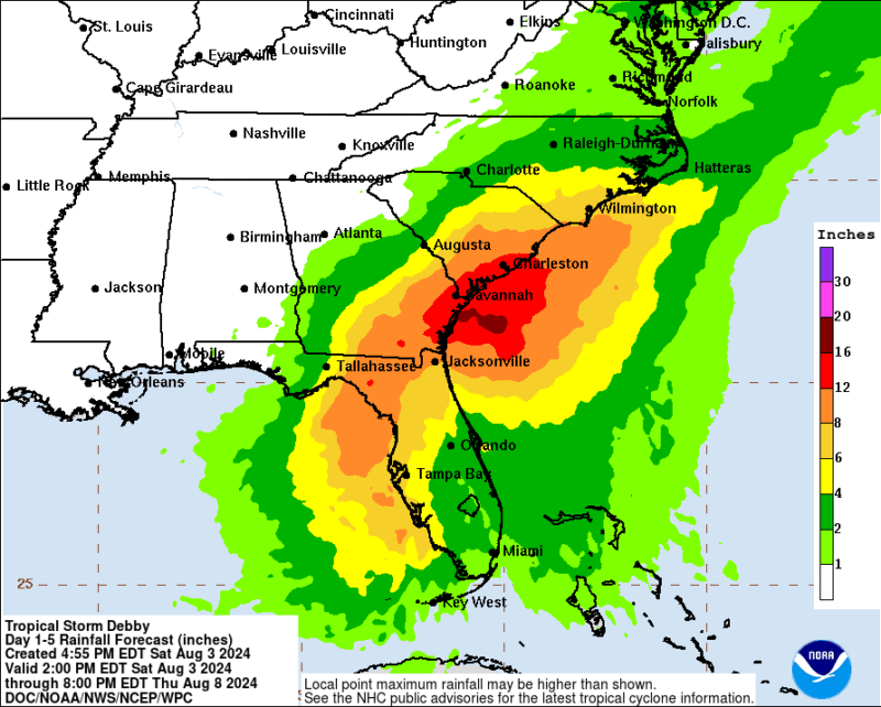 Map of southeastern US with green, orange and red shadings over Florida, southeastern Georgia and much of South Carolina.