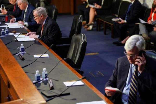 The empty seat and nameplate of Senate Judiciary Committee Ranking Member Dianne Feinstein (D-CA) are seen during a Judiciary Committee hearing one day after it was co<em></em>nfirmed Senate Republicans will block Democrats' plans to temporarily replace Feinstein on the committee on Capitol Hill in Washington, U.S., April 19, 2023. 