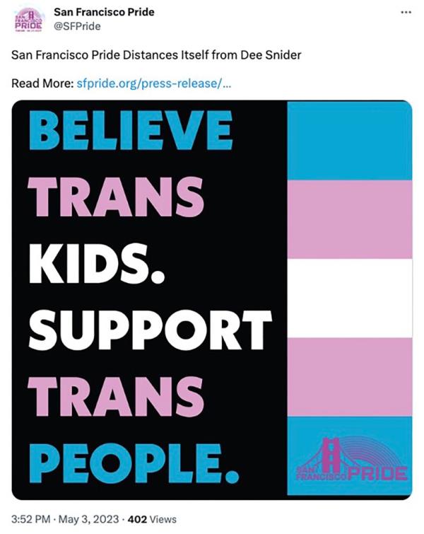 A statement from SF Pride announcing they are distancing themselves from Snider.