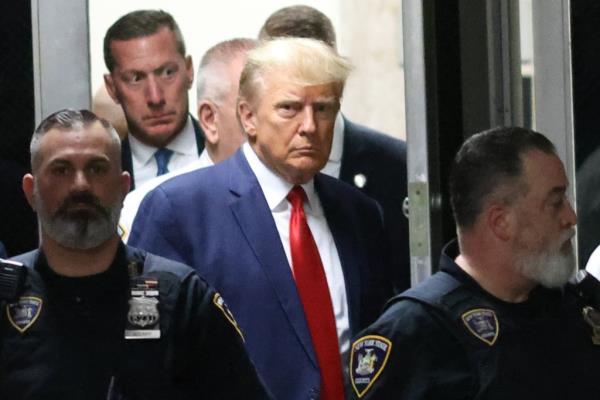 Former President Do<em></em>nald Trump is arraigned in Manhattan criminal court April 4, 2023. 