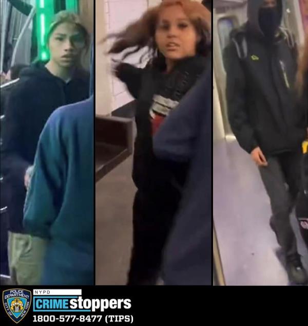 Surveillance photos of the three suspects in the subway assault. Center is the young female in the Chicago Bulls sweatshirt.