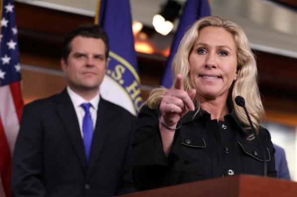 Rep. Marjorie Taylor Greene speaks at a news co<em></em>nference wher<em></em>e she introduced a resolution to investigate funding for Ukraine, on Nov. 17, 2022 in Washington, DC.