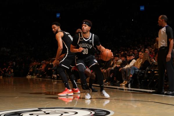 Seth Curry #30 of the Brooklyn Nets dribbles the ball during the game against the Portland Trail Blazers on November 27, 2022 at Barclays Center Brooklyn, New York. 