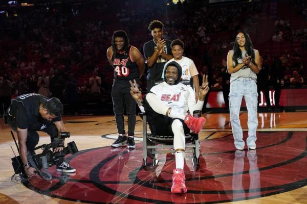 Miami Heat forward Udo<em></em>nis Haslem sits in his gifted rocking chair before his final NBA game.