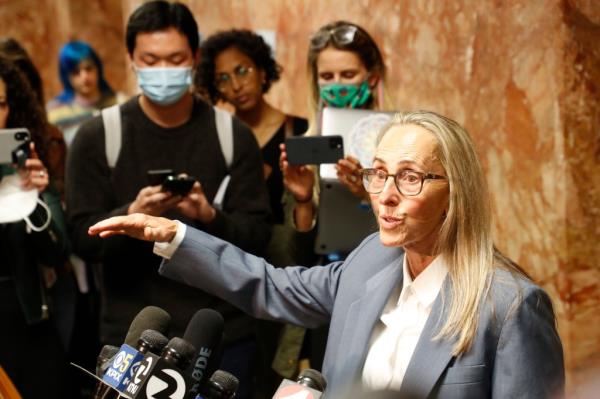 Nima Momeni's attorney, Paula Canny, speaking to reporters outside the courtroom on May 2, 2023. 