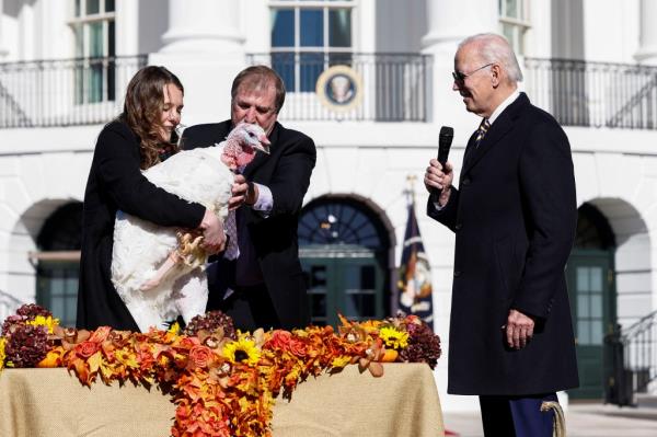 President Joe Biden speaks as he pardons the Natio<em></em>nal Thanksgiving Turkey.