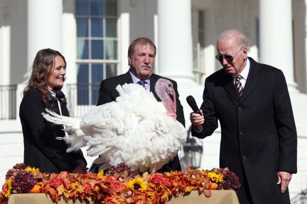 Joe Biden pardons Chocolate, the Natio<em></em>nal Thanksgiving Turkey.