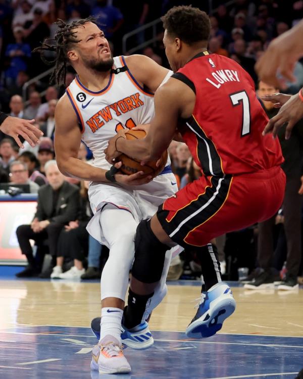 Jimmy Butler shoots during the third quarter against the Knicks on April 30, 2023.