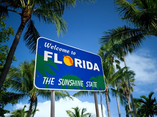 Low angle tropical plants with a welcome sign to Florida.