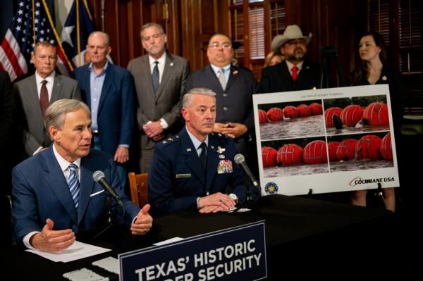 Texas Gov. Greg Abbott speaks a<em></em>bout an illustration of new border security implementation during a news co<em></em>nference at the Texas State Capitol on June 8, 2023 in Austin, Texas. 