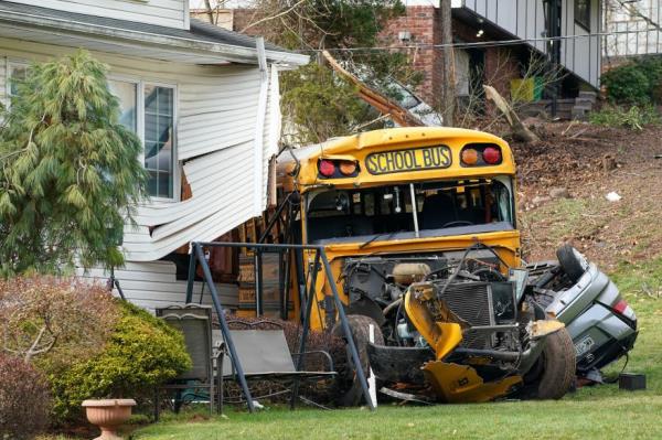 The scene of a school bus crash on Southgate Drive in Spring Valley in Rockland County, NY, Thursday, Dec. 1, 2022.