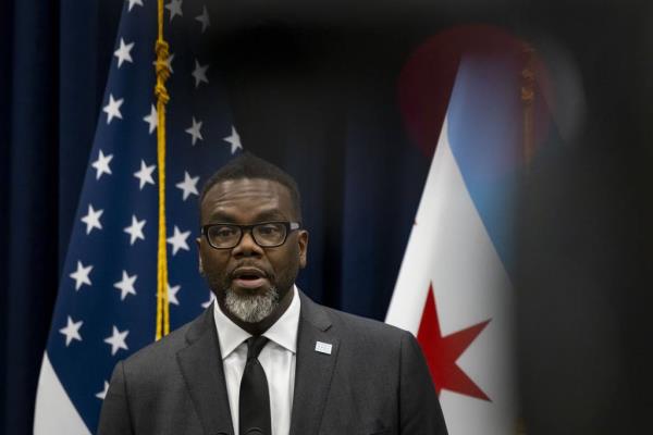 Mayor Brandon Johnson answers questions after a City Council meeting on Jan. 24, 2024, at City Hall. When asked a<em></em>bout the fate of migrants in harsh winter conditions, he asked the state to step in to help. 