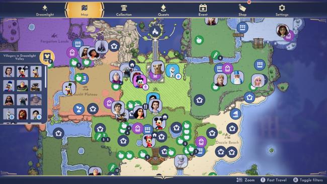 Disney Dreamlight Valley map with villager list open