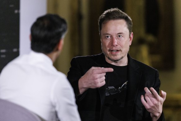 Tesla CEO and X owner Elon Musk in co<em></em>nversation with British PM Rishi Sunak.