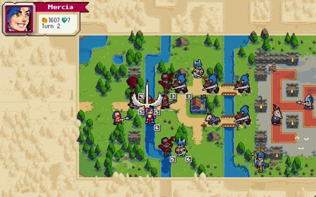 Mercia using Healing Aura on her army to fight against Valder in Wargroove 2.