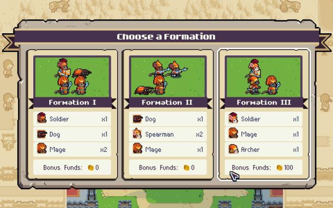 Three randomized formations available in Co<em></em>nquest Mode in Wargroove 2.