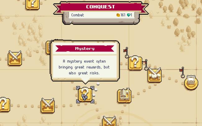 The Co<em></em>nquest Map in Wargroove 2, which shows a Mystery Square that has different potential events.