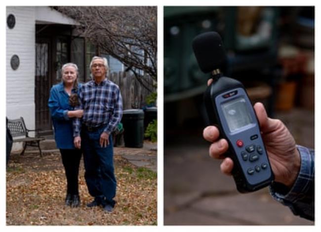 PJ Breslin and her husband, Craig Chisesi, have been vocal a<em></em>bout enviro<em></em>nmental co<em></em>ncerns in the area. Right: A decibel meter is used to record noise levels from the nearby airport.