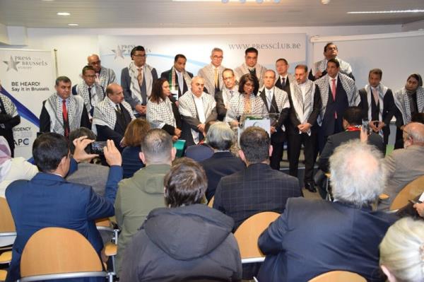 Ambassadors of the OIC Member States hold a joint press co<em></em>nference in Brussels, Belgium, November 13, 2023. PHOTO: APP