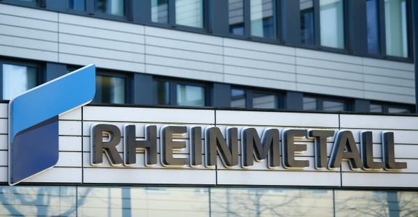 The logo of Germany's Rheinme<em></em>tall AG is seen after the Company's 2019 annual report in Duesseldorf