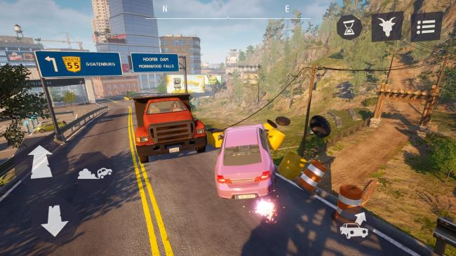 A goat driving a car narrowly missing an o<em></em>ncoming truck in Goat Simulator 3 Mobile.