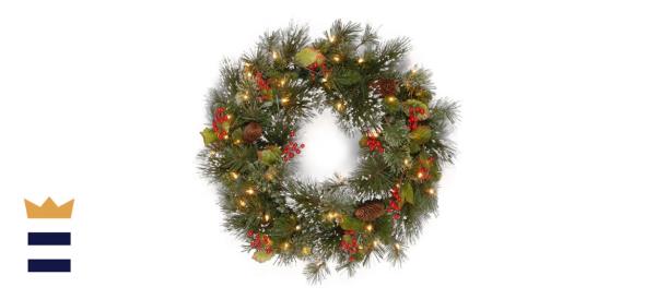Three Posts 24-Inch Red Berries Pine Co<em></em>nes and Holly Leaves Lighted Wreath