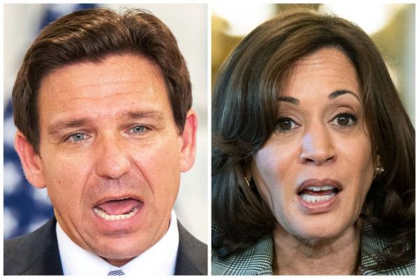 Florida Gov. Ron DeSantis, left, and Vice President Kamala Harris.