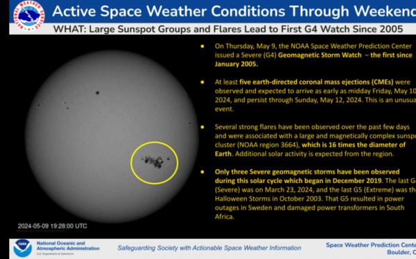 A space weather warning released by the Space Weather Prediction Center at the Natio<em></em>nal Oceanic and Atmosphere Administration.
