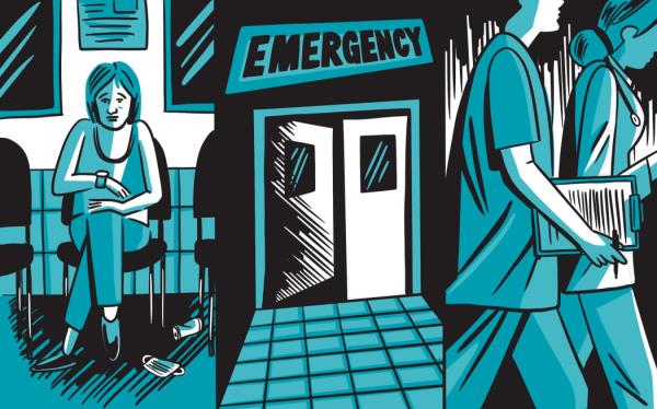 Dark to<em></em>nal triptich of woman waiting at the Emergency Department, emergency door opening, doctor and nurse walking.