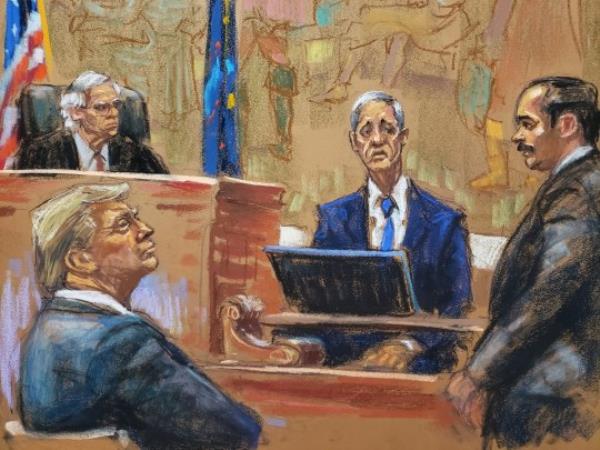 A courtroom sketch shows former President Do<em></em>nald Trump (bottom left) listening and Judge Arthur Engoron (top left) presiding as New York University accounting professor Eli Bartov is questio<em></em>ned by lawyer Jesus Suarez