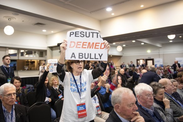 Supporters of Deeming yell “shame” at John Pesutto during the Liberal Party’s state co<em></em>nference in Bendigo in May.