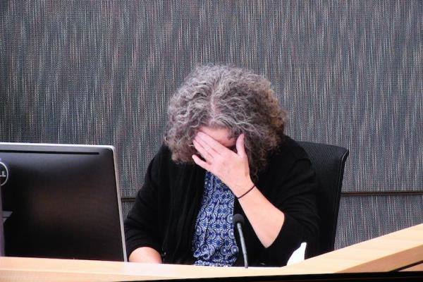 Kathleen Folbigg reacts whilst being questio<em></em>ned a<em></em>bout the deaths of her four children at the NSW Coro<em></em>ners Court in 2019.