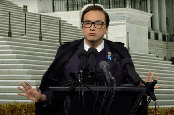 Holding a press co<em></em>nference outside of the Capitol building following his expulsion, Santos, played by Yang, insisted he was being assaulted and bullied by the entire country because he was a 