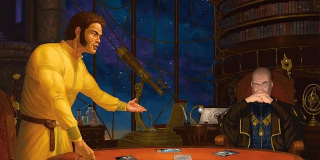 two men in space talk over deck of many things